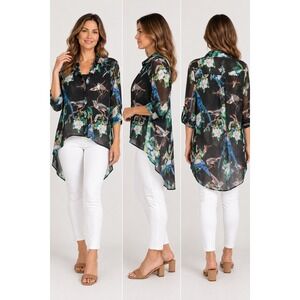 Mishca Tunic Blouse Womens Medium Black Floral Bird Print Sheer High Low Hem